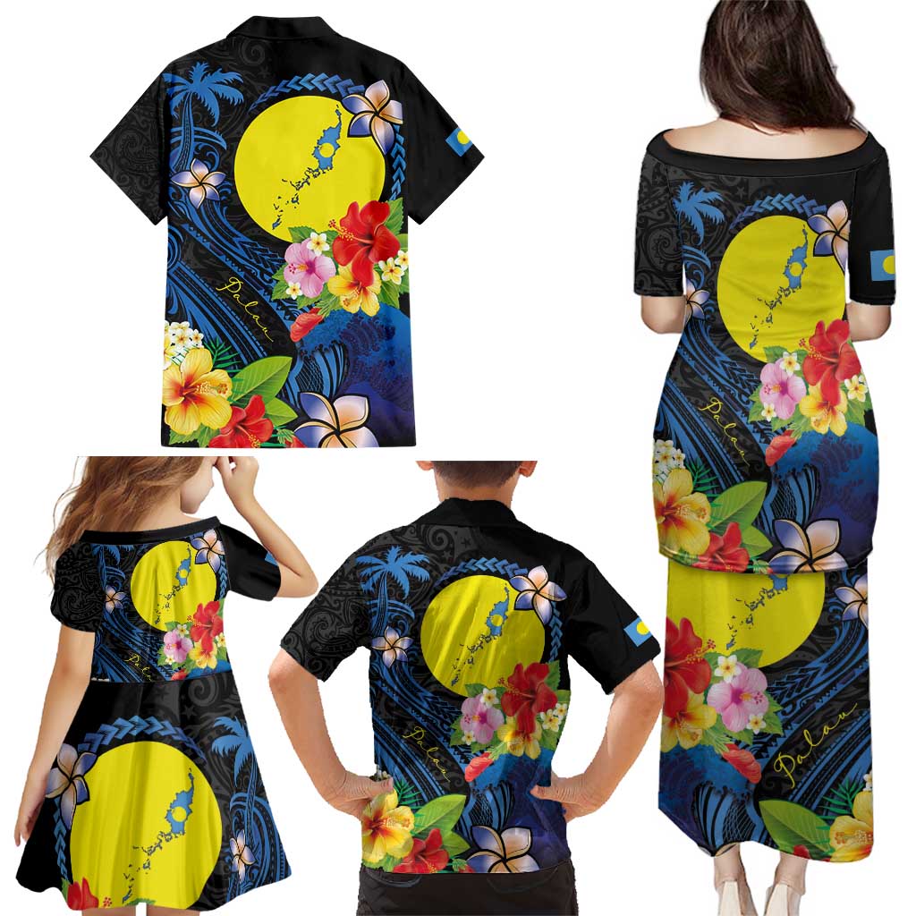 Palau Independence Day Family Matching Puletasi and Hawaiian Shirt Melanesian Tattoo with Hibiscus