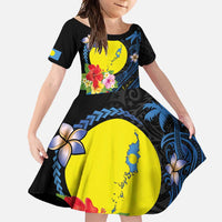 Palau Independence Day Family Matching Short Sleeve Bodycon Dress and Hawaiian Shirt Melanesian Tattoo with Hibiscus