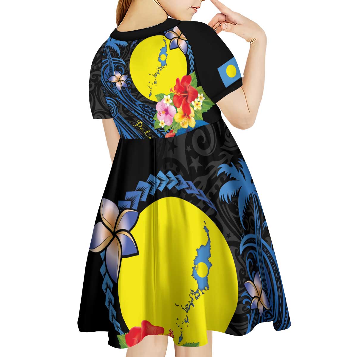 Palau Independence Day Kid Short Sleeve Dress Melanesian Tattoo with Hibiscus