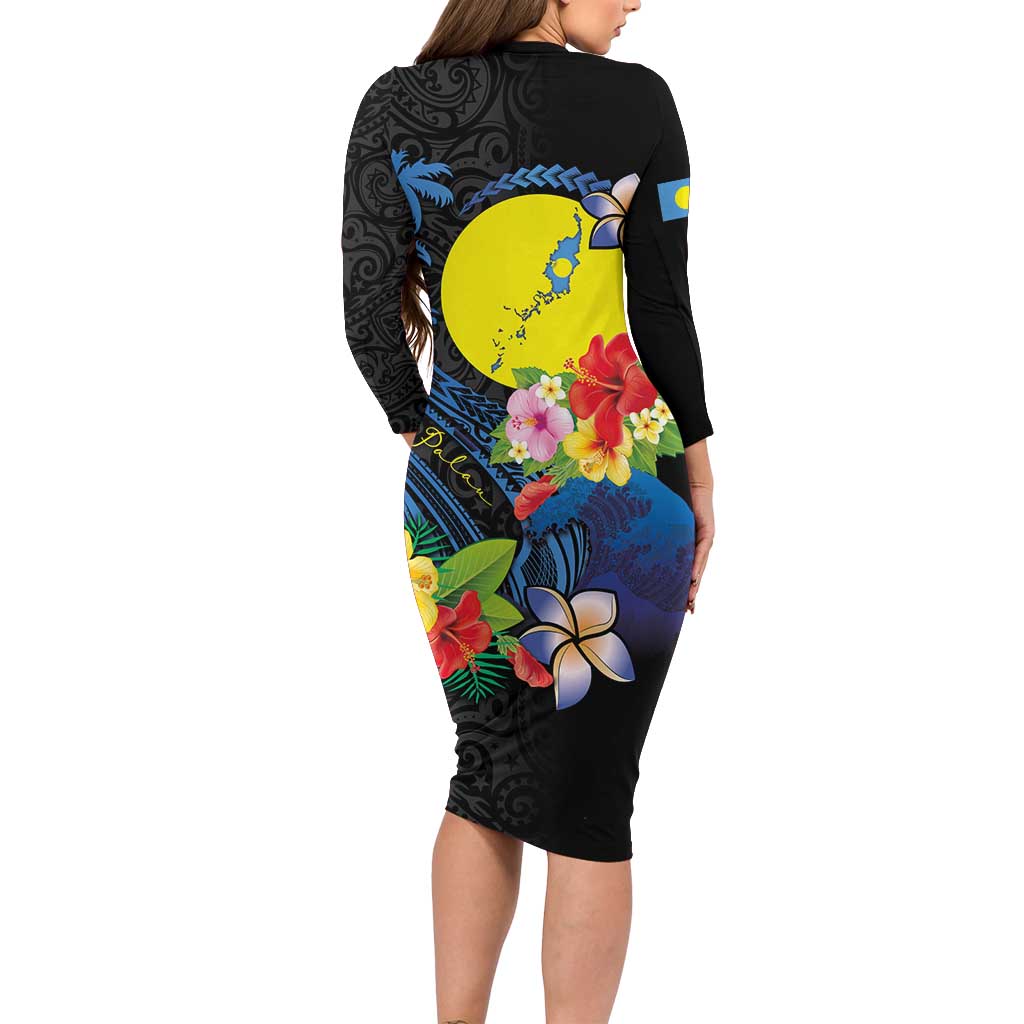 Palau Independence Day Long Sleeve Bodycon Dress Melanesian Tattoo with Hibiscus
