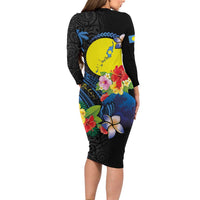 Palau Independence Day Long Sleeve Bodycon Dress Melanesian Tattoo with Hibiscus
