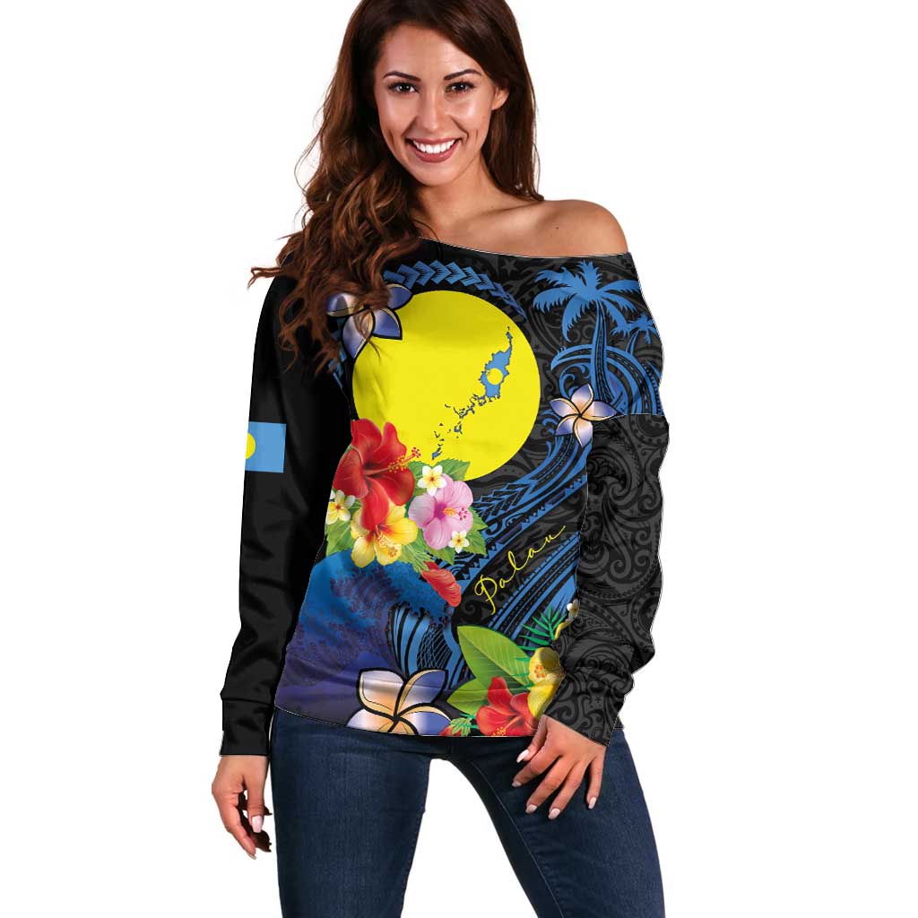Palau Independence Day Off Shoulder Sweater Melanesian Tattoo with Hibiscus