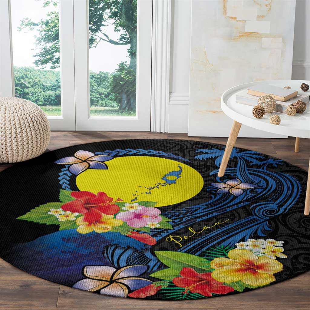 Palau Independence Day Round Carpet Melanesian Tattoo with Hibiscus