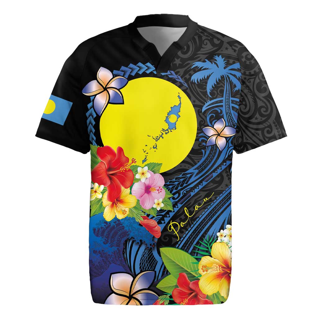 Palau Independence Day Rugby Jersey Melanesian Tattoo with Hibiscus
