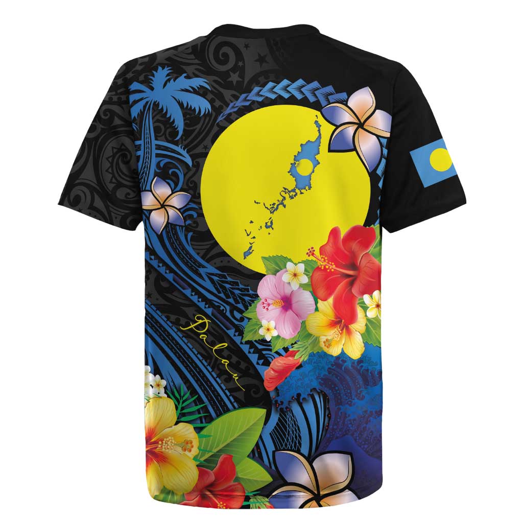 Palau Independence Day Rugby Jersey Melanesian Tattoo with Hibiscus