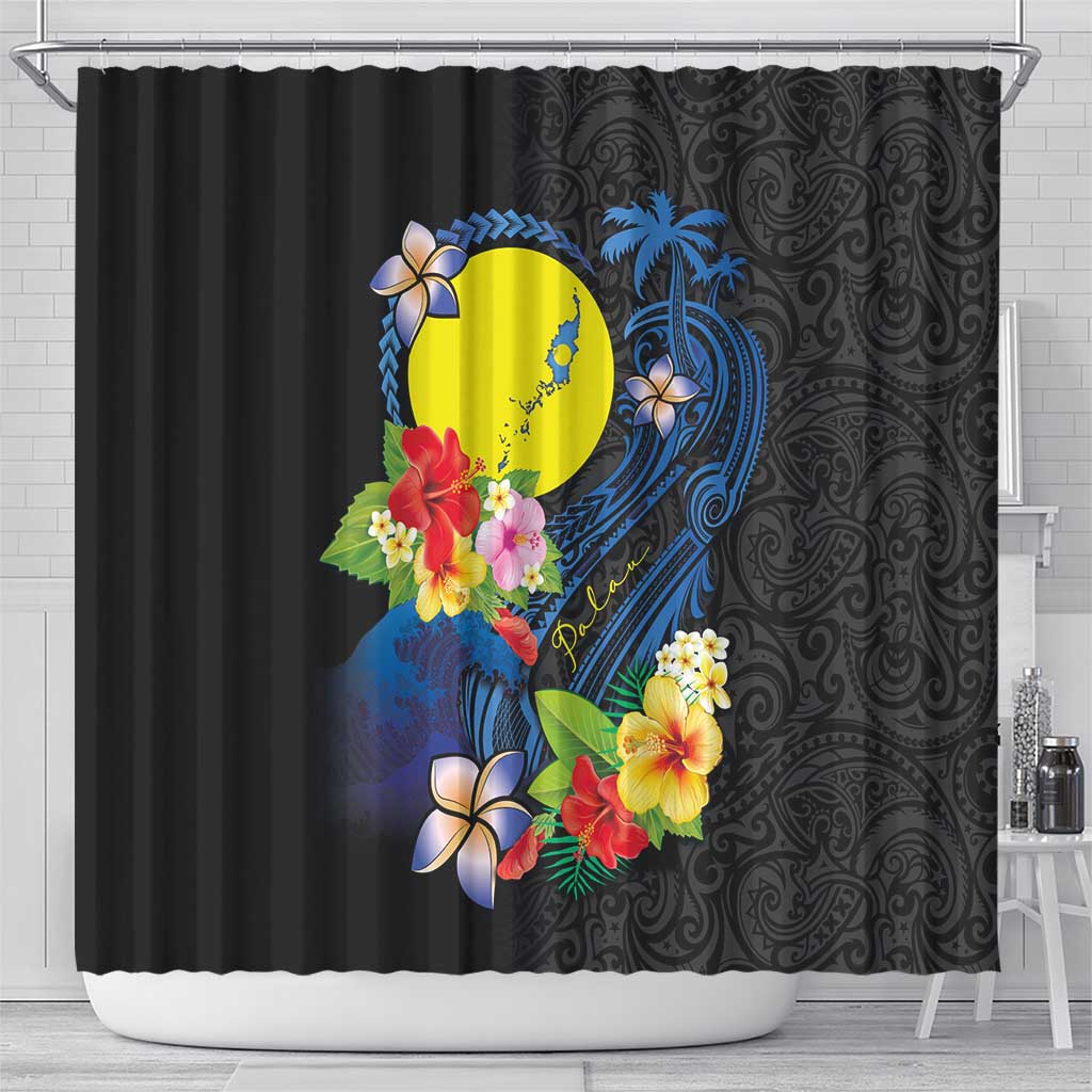 Palau Independence Day Shower Curtain Melanesian Tattoo with Hibiscus