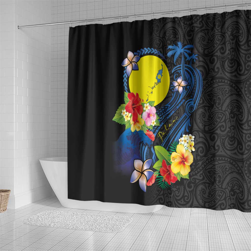 Palau Independence Day Shower Curtain Melanesian Tattoo with Hibiscus