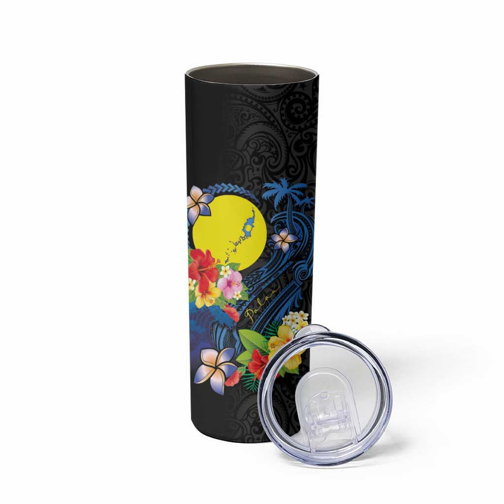 Palau Independence Day Skinny Tumbler Melanesian Tattoo with Hibiscus