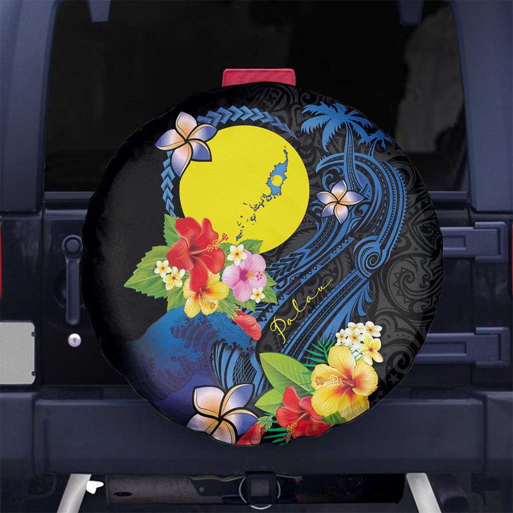 Palau Independence Day Spare Tire Cover Melanesian Tattoo with Hibiscus