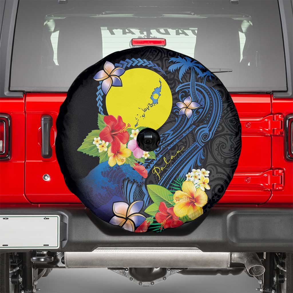 Palau Independence Day Spare Tire Cover Melanesian Tattoo with Hibiscus
