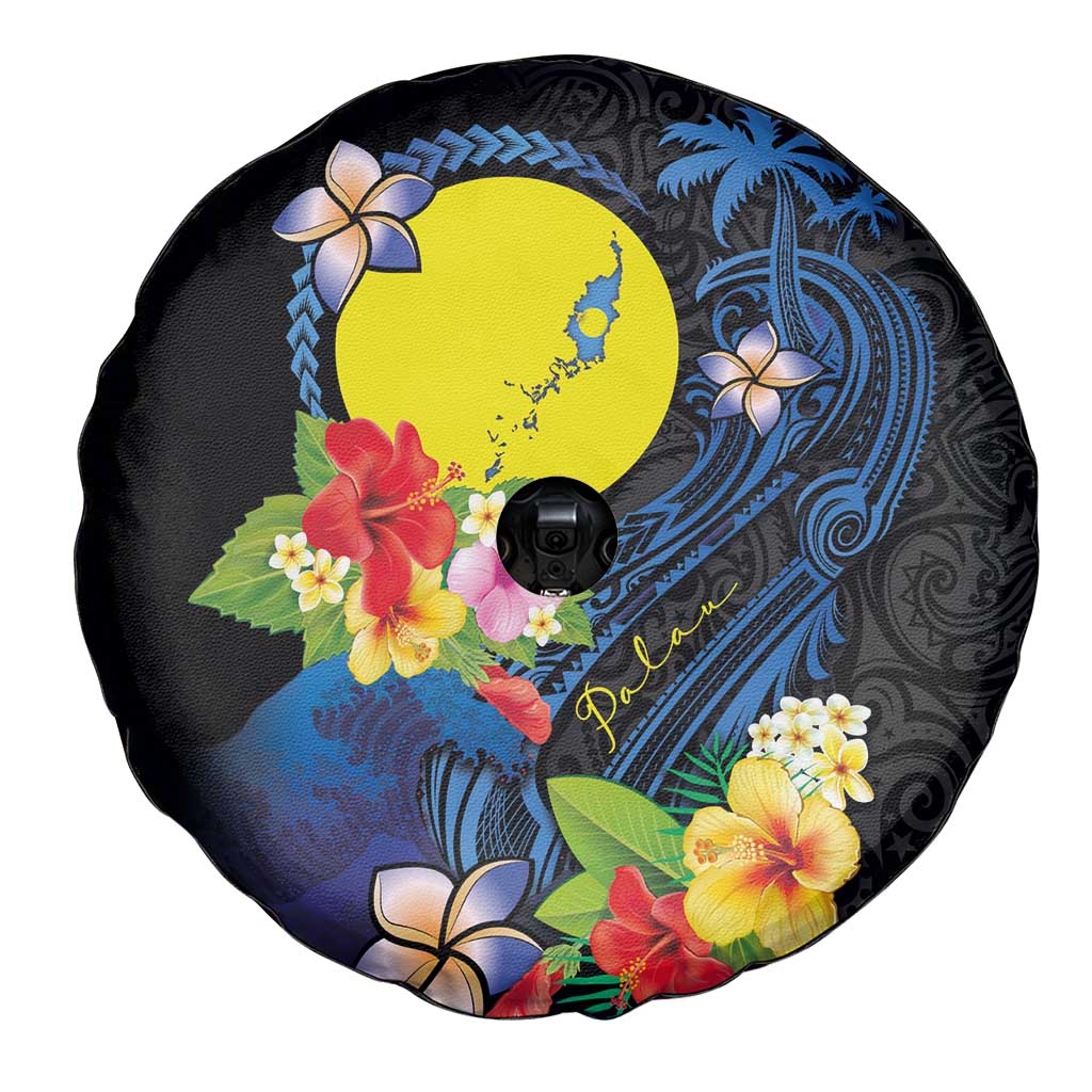 Palau Independence Day Spare Tire Cover Melanesian Tattoo with Hibiscus