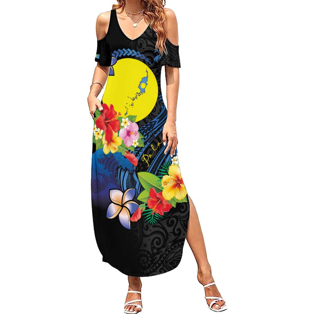 Palau Independence Day Summer Maxi Dress Melanesian Tattoo with Hibiscus