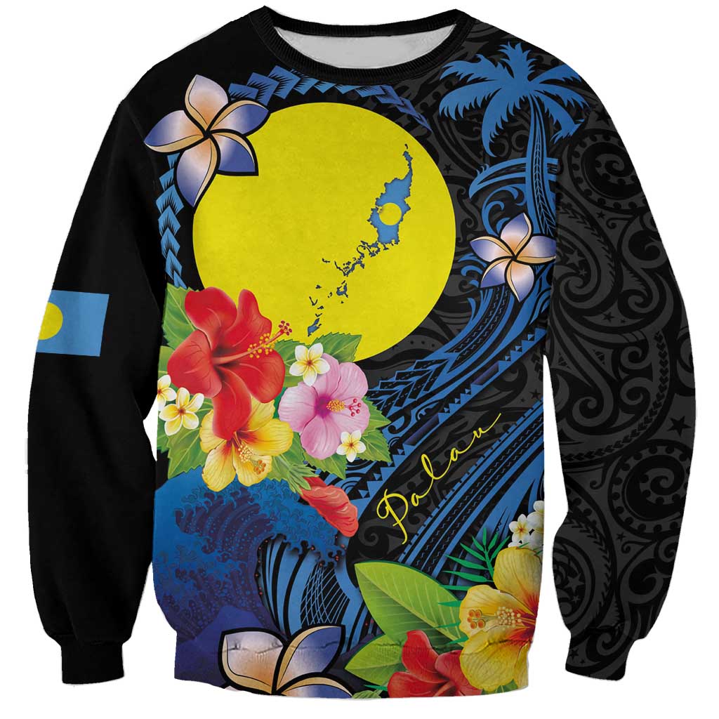 Palau Independence Day Sweatshirt Melanesian Tattoo with Hibiscus