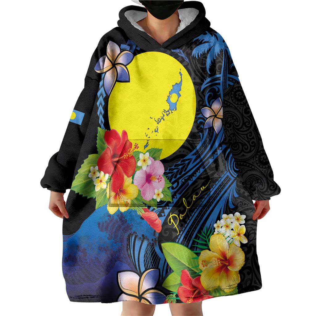 Palau Independence Day Wearable Blanket Hoodie Melanesian Tattoo with Hibiscus