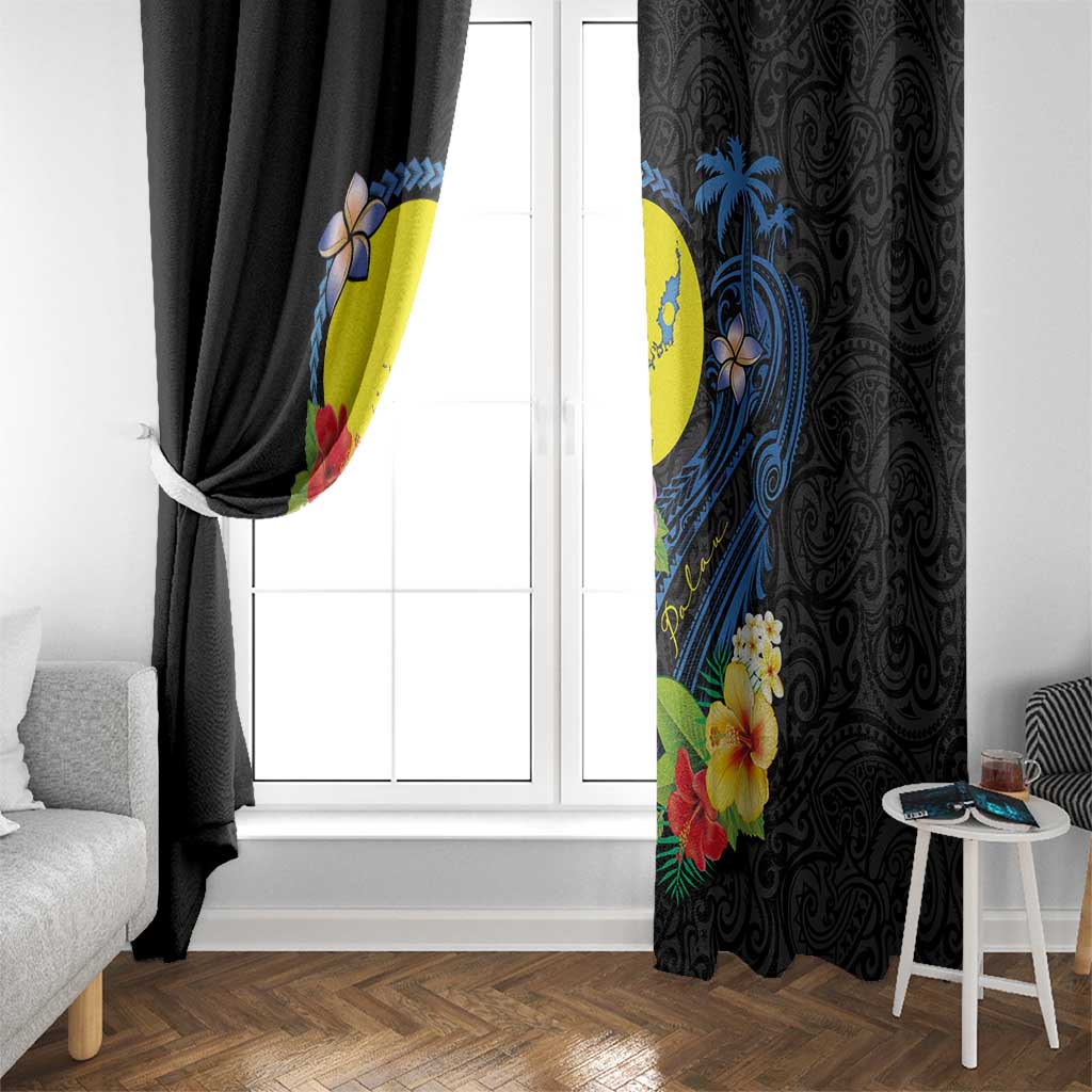 Palau Independence Day Window Curtain Melanesian Tattoo with Hibiscus