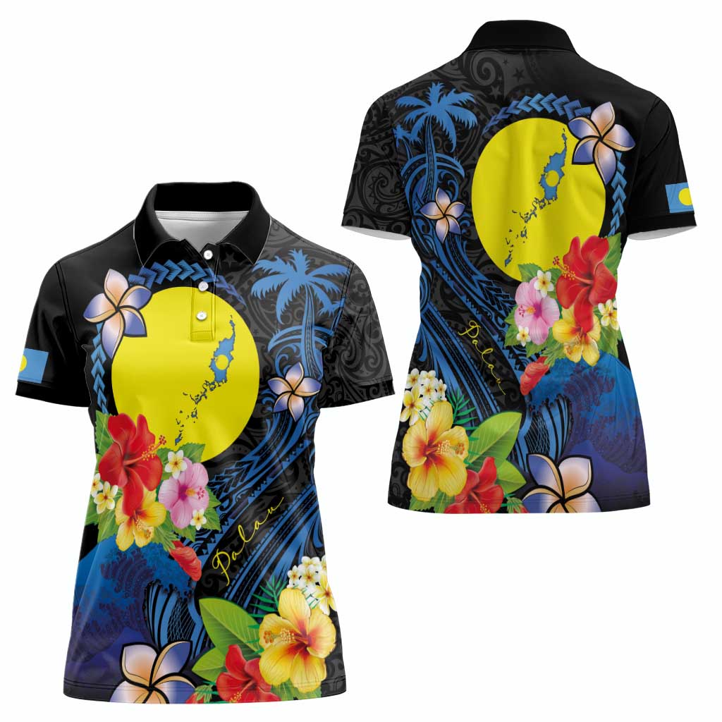 Palau Independence Day Women Polo Shirt Melanesian Tattoo with Hibiscus