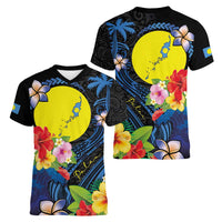 Palau Independence Day Women V-Neck T-Shirt Melanesian Tattoo with Hibiscus