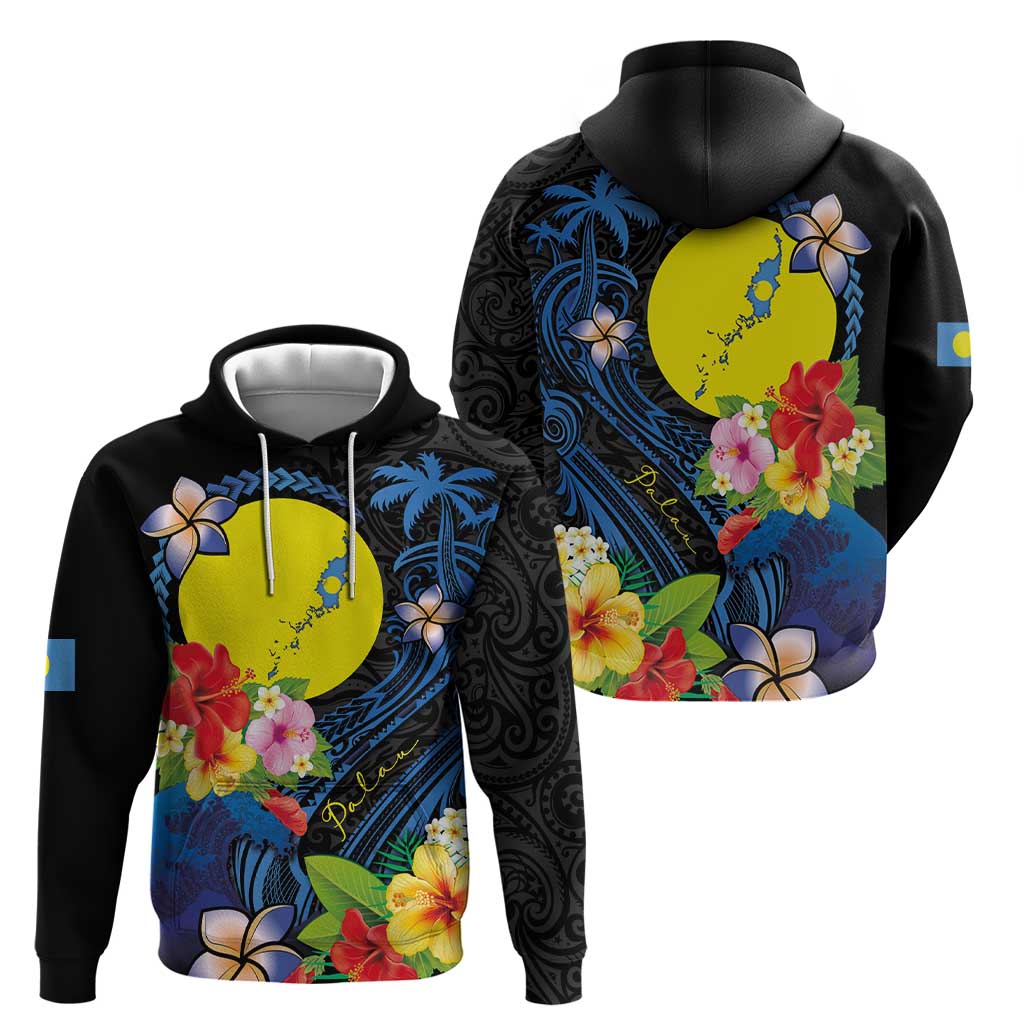 Palau Independence Day Zip Hoodie Melanesian Tattoo with Hibiscus