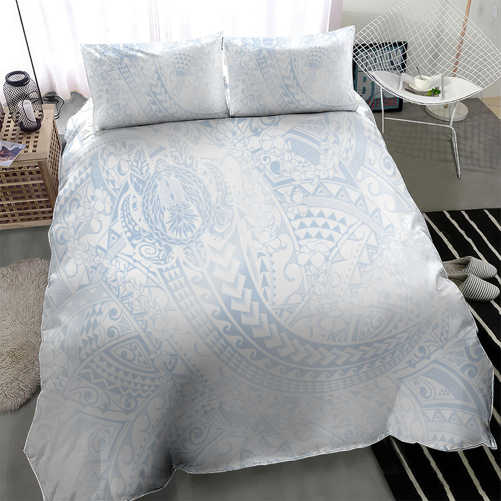 Hawaiian Turtles and Leis Bedding Set Tribal Kakau Pattern Airy White Blue Cloud Vibe