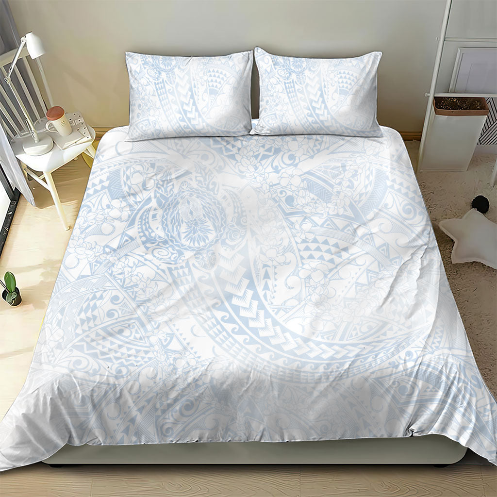 Hawaiian Turtles and Leis Bedding Set Tribal Kakau Pattern Airy White Blue Cloud Vibe