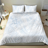 Hawaiian Turtles and Leis Bedding Set Tribal Kakau Pattern Airy White Blue Cloud Vibe