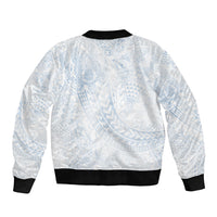 Hawaiian Turtles and Leis Bomber Jacket Tribal Kakau Pattern Airy White Blue Cloud Vibe