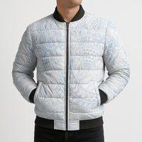 Hawaiian Turtles and Leis Bomber Puffer Jacket Tribal Kakau Pattern Airy White Blue Cloud Vibe