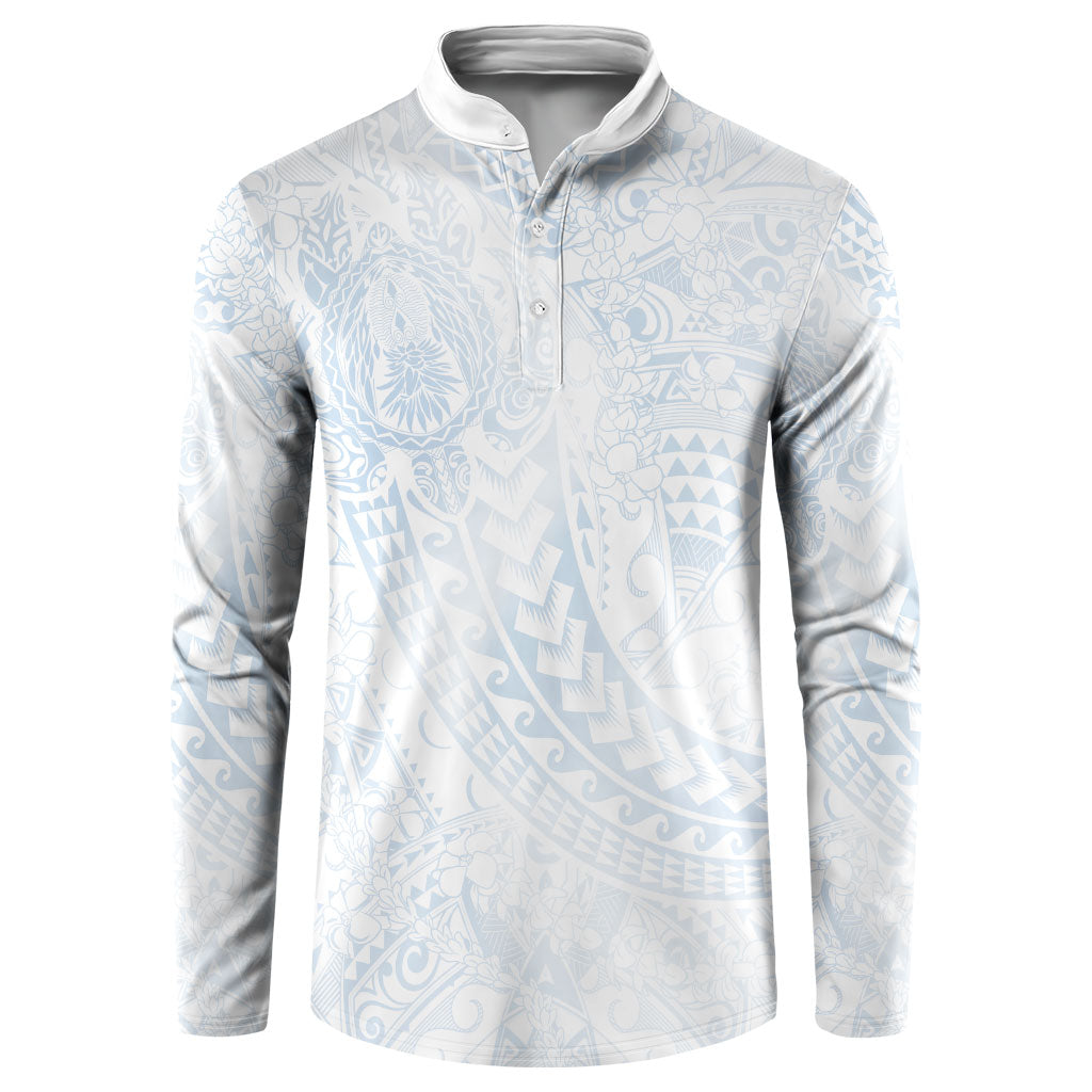 Hawaiian Turtles and Leis Button Sweatshirt Tribal Kakau Pattern Airy White Blue Cloud Vibe