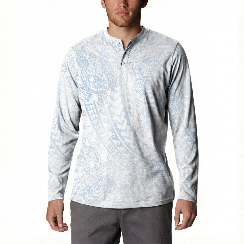 Hawaiian Turtles and Leis Button Sweatshirt Tribal Kakau Pattern Airy White Blue Cloud Vibe