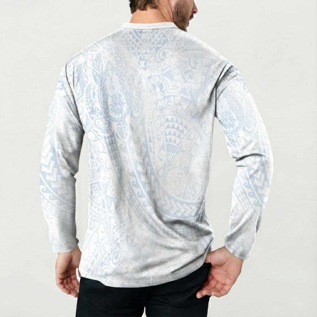 Hawaiian Turtles and Leis Button Sweatshirt Tribal Kakau Pattern Airy White Blue Cloud Vibe