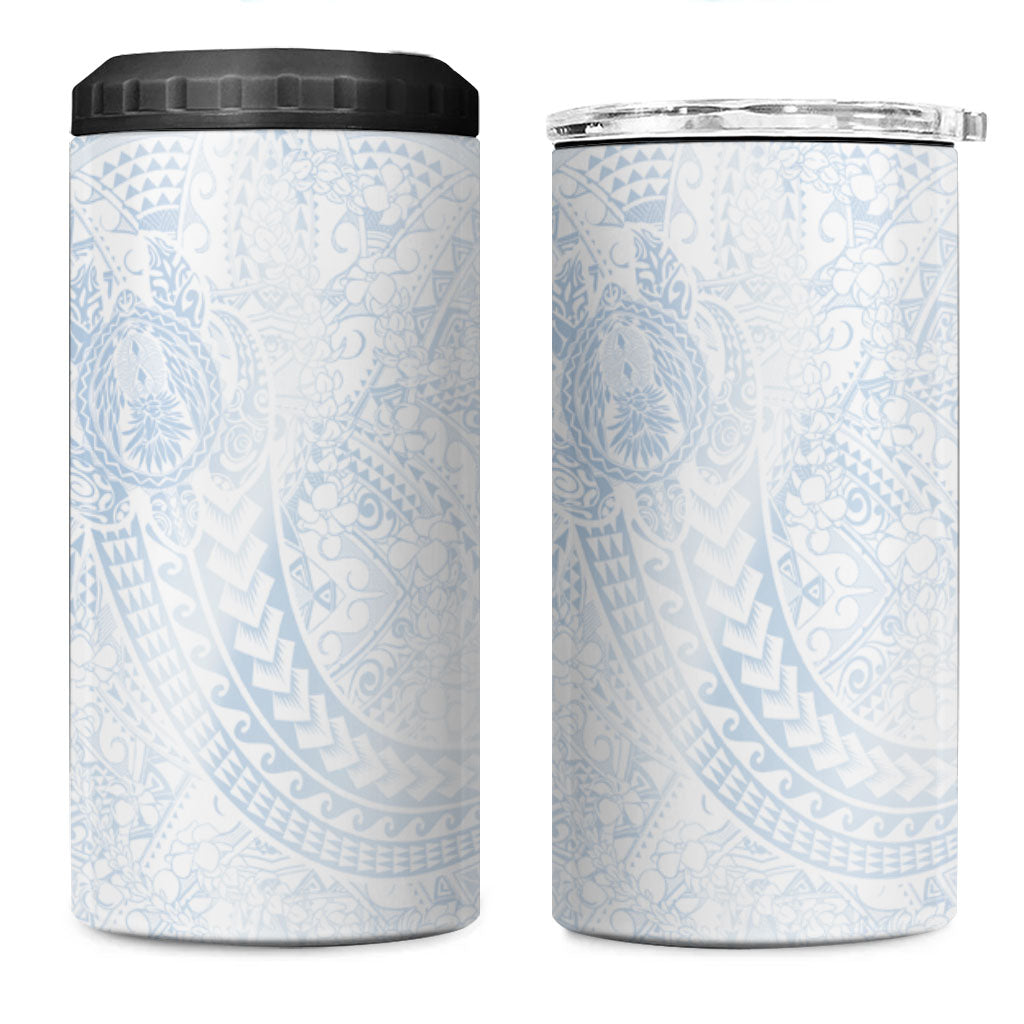Hawaiian Turtles and Leis 4 in 1 Can Cooler Tumbler Tribal Kakau Pattern Airy White Blue Cloud Vibe