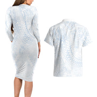 Hawaiian Turtles and Leis Couples Matching Long Sleeve Bodycon Dress and Hawaiian Shirt Tribal Kakau Pattern Airy White Blue Cloud Vibe