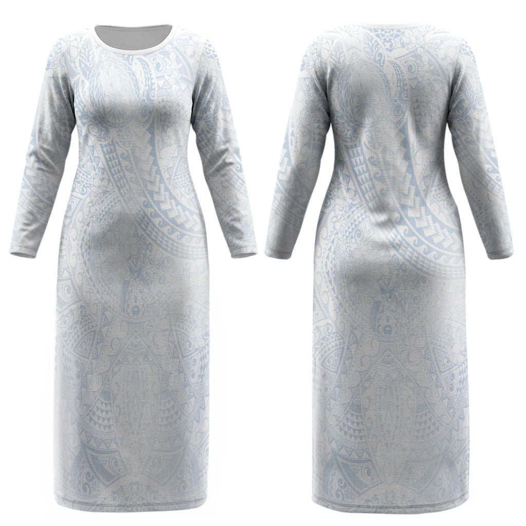 Hawaiian Turtles and Leis Couples Matching Long Sleeve Bodycon Dress and Hawaiian Shirt Tribal Kakau Pattern Airy White Blue Cloud Vibe LT03 - Polynesian Pride