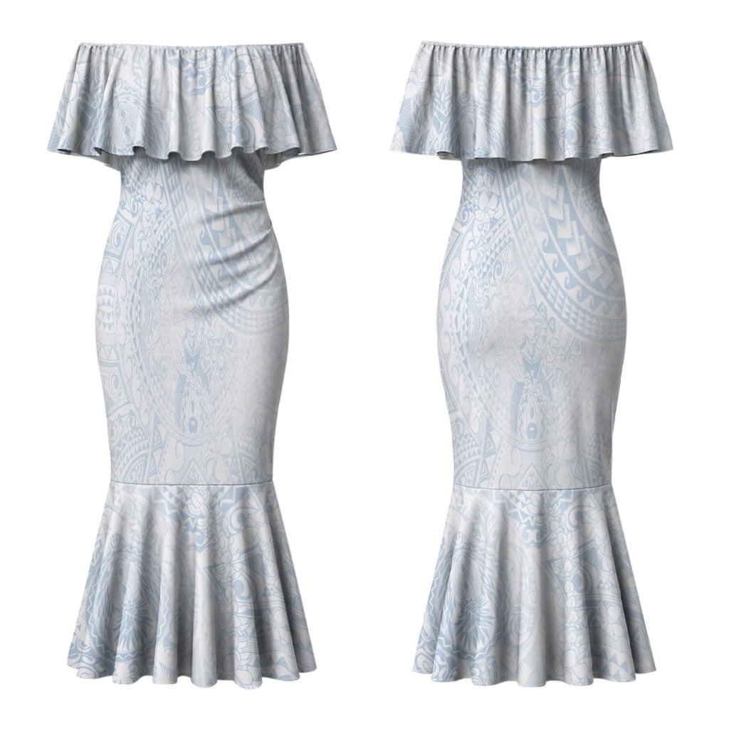 Hawaiian Turtles and Leis Couples Matching Mermaid Dress and Hawaiian Shirt Tribal Kakau Pattern Airy White Blue Cloud Vibe LT03 - Polynesian Pride