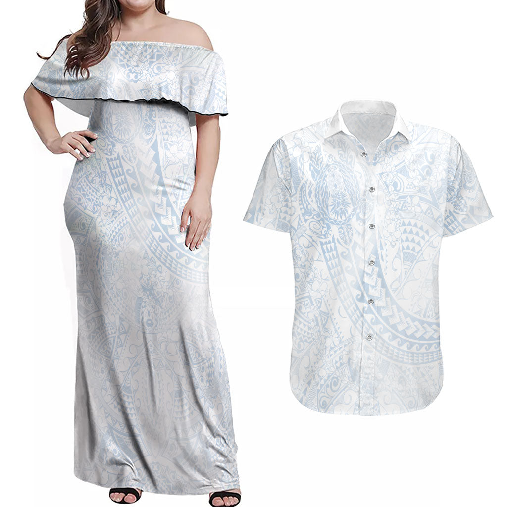 Hawaiian Turtles and Leis Couples Matching Off Shoulder Maxi Dress and Hawaiian Shirt Tribal Kakau Pattern Airy White Blue Cloud Vibe