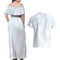 Hawaiian Turtles and Leis Couples Matching Off Shoulder Maxi Dress and Hawaiian Shirt Tribal Kakau Pattern Airy White Blue Cloud Vibe