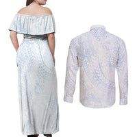 Hawaiian Turtles and Leis Couples Matching Off Shoulder Maxi Dress and Long Sleeve Button Shirt Tribal Kakau Pattern Airy White Blue Cloud Vibe