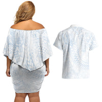 Hawaiian Turtles and Leis Couples Matching Off Shoulder Short Dress and Hawaiian Shirt Tribal Kakau Pattern Airy White Blue Cloud Vibe