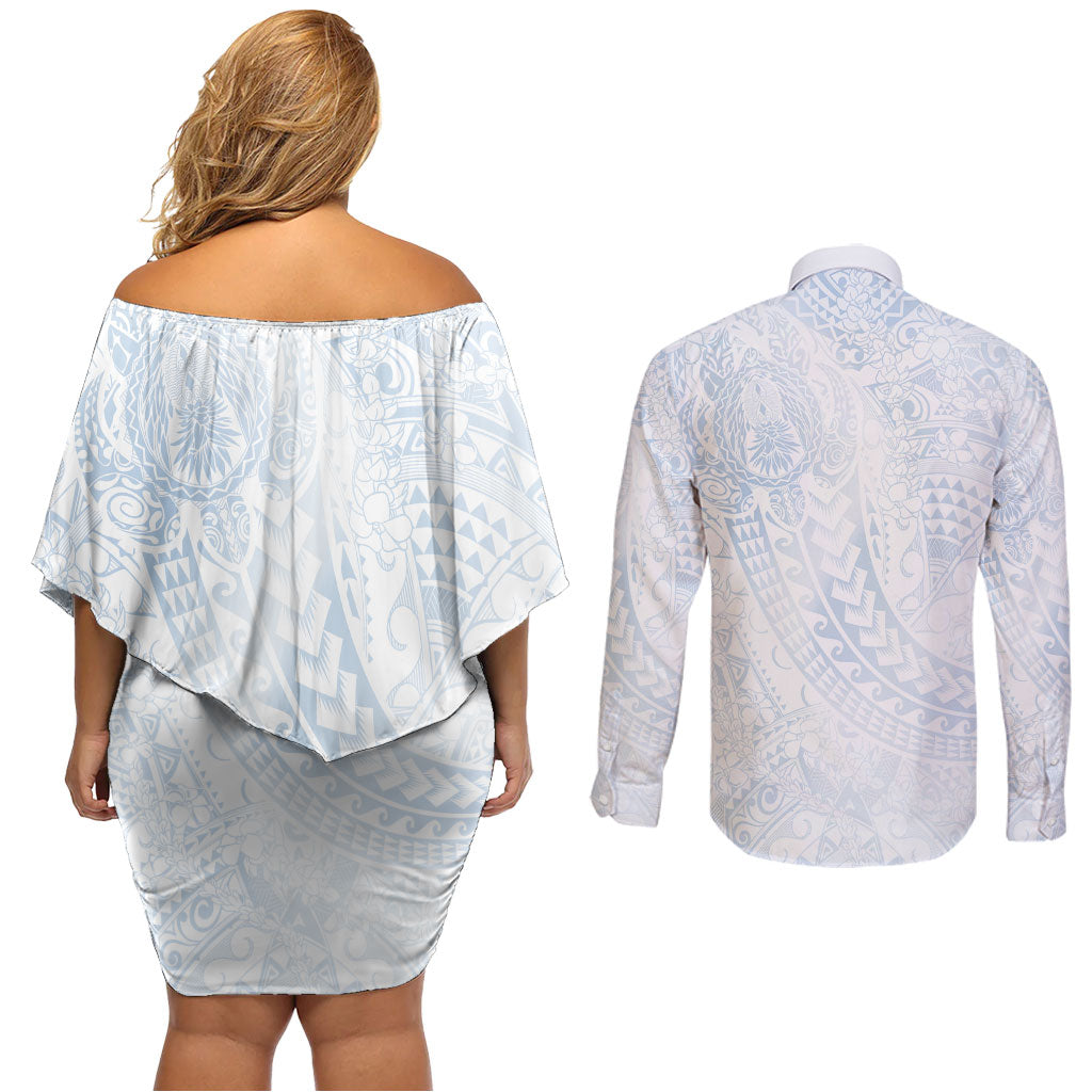 Hawaiian Turtles and Leis Couples Matching Off Shoulder Short Dress and Long Sleeve Button Shirt Tribal Kakau Pattern Airy White Blue Cloud Vibe