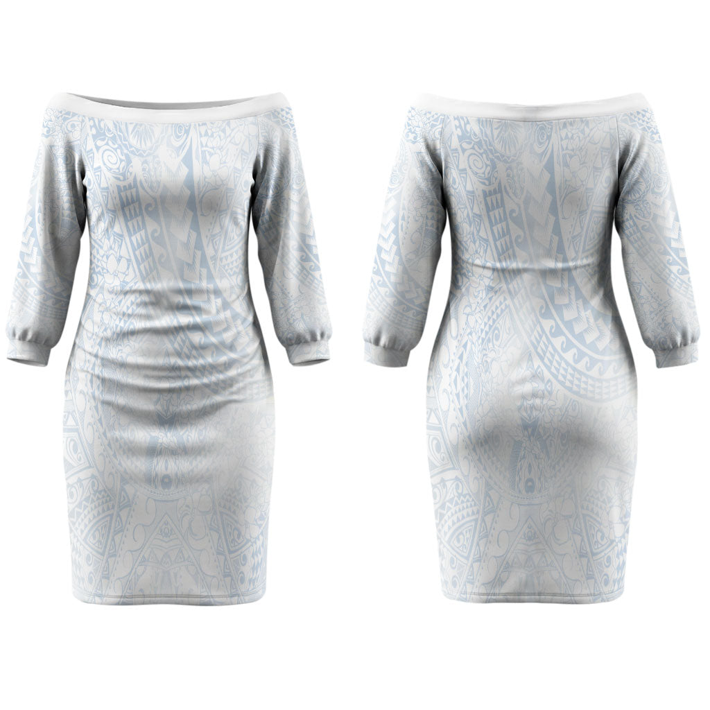 Hawaiian Turtles and Leis Couples Matching Off The Shoulder Long Sleeve Dress and Hawaiian Shirt Tribal Kakau Pattern Airy White Blue Cloud Vibe LT03 - Polynesian Pride