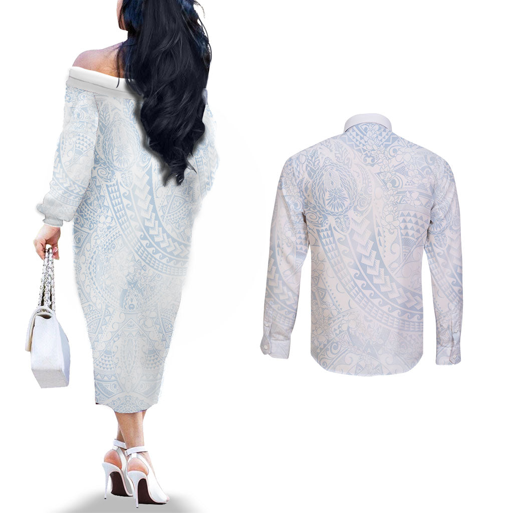 Hawaiian Turtles and Leis Couples Matching Off The Shoulder Long Sleeve Dress and Long Sleeve Button Shirt Tribal Kakau Pattern Airy White Blue Cloud Vibe