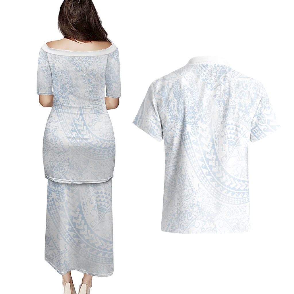 Hawaiian Turtles and Leis Couples Matching Puletasi and Hawaiian Shirt Tribal Kakau Pattern Airy White Blue Cloud Vibe