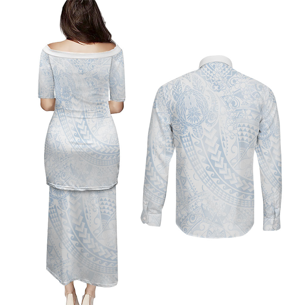 Hawaiian Turtles and Leis Couples Matching Puletasi and Long Sleeve Button Shirt Tribal Kakau Pattern Airy White Blue Cloud Vibe