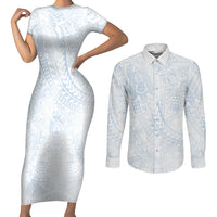Hawaiian Turtles and Leis Couples Matching Short Sleeve Bodycon Dress and Long Sleeve Button Shirt Tribal Kakau Pattern Airy White Blue Cloud Vibe