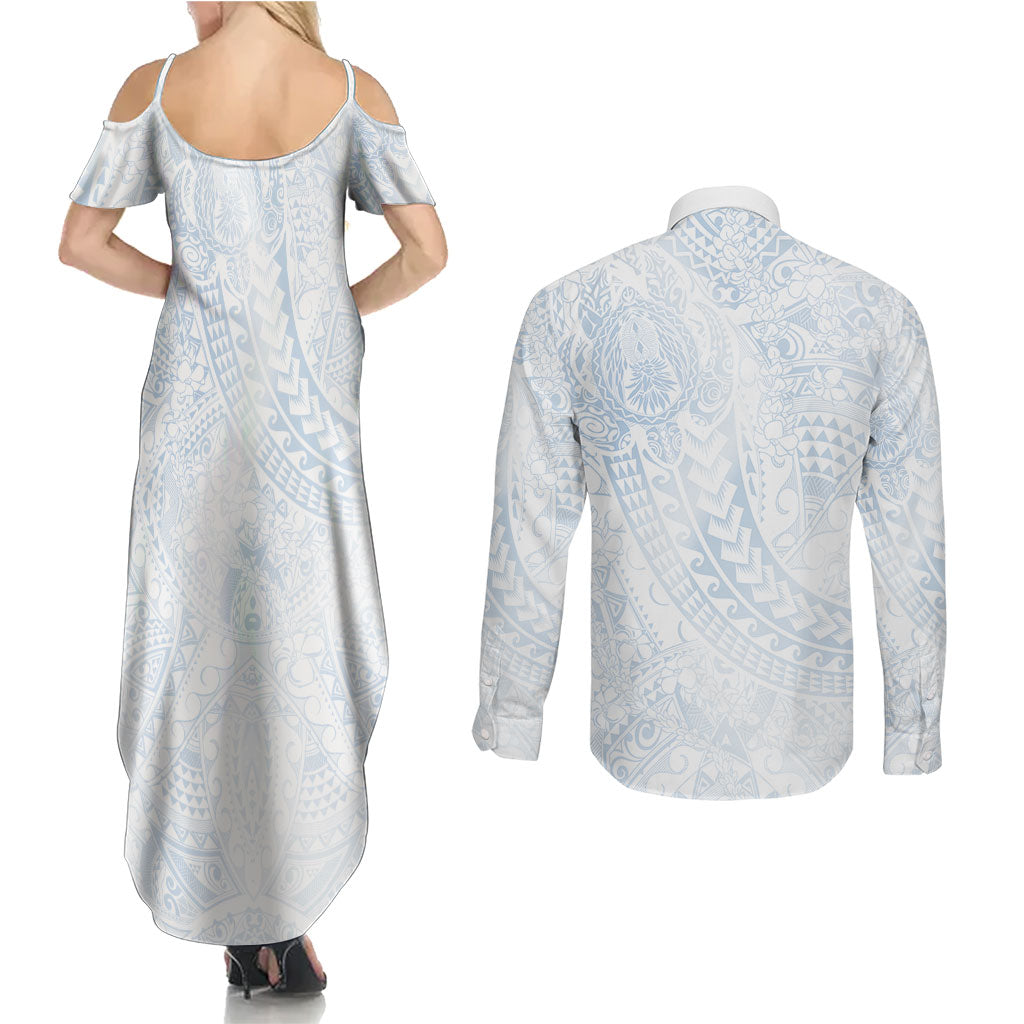 Hawaiian Turtles and Leis Couples Matching Summer Maxi Dress and Long Sleeve Button Shirt Tribal Kakau Pattern Airy White Blue Cloud Vibe