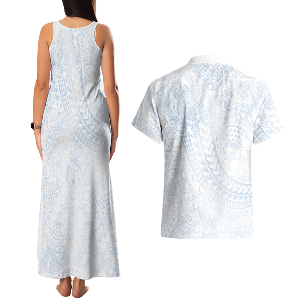 Hawaiian Turtles and Leis Couples Matching Tank Maxi Dress and Hawaiian Shirt Tribal Kakau Pattern Airy White Blue Cloud Vibe