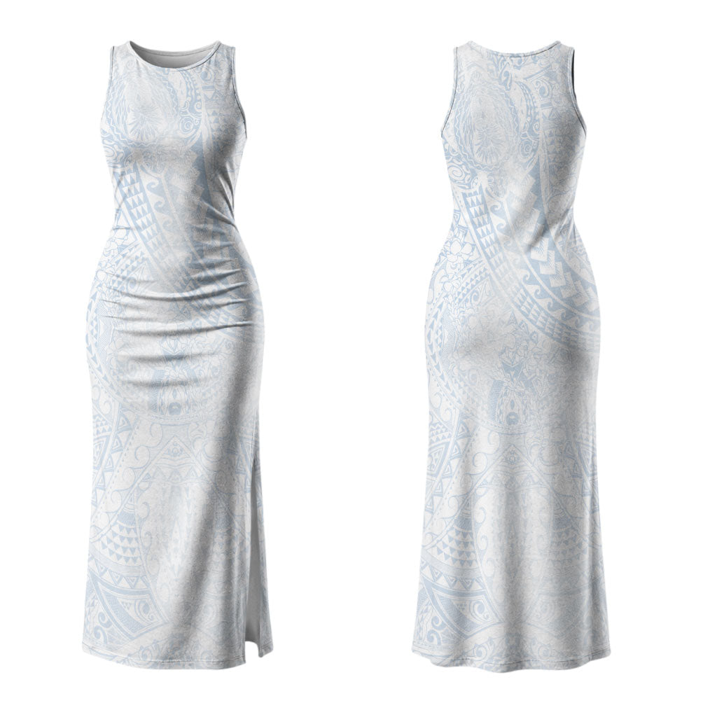 Hawaiian Turtles and Leis Couples Matching Tank Maxi Dress and Long Sleeve Button Shirt Tribal Kakau Pattern Airy White Blue Cloud Vibe LT03 - Polynesian Pride