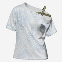 Hawaiian Turtles and Leis Cross Shoulder Shirt Tribal Kakau Pattern Airy White Blue Cloud Vibe