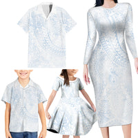 Hawaiian Turtles and Leis Family Matching Long Sleeve Bodycon Dress and Hawaiian Shirt Tribal Kakau Pattern Airy White Blue Cloud Vibe