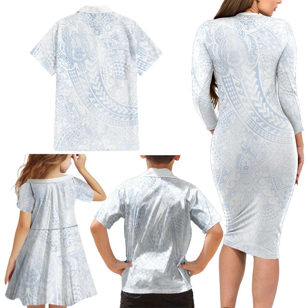 Hawaiian Turtles and Leis Family Matching Long Sleeve Bodycon Dress and Hawaiian Shirt Tribal Kakau Pattern Airy White Blue Cloud Vibe